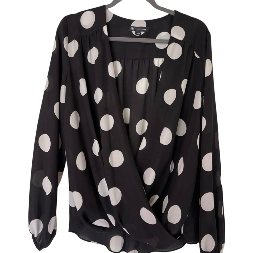 INC Classic Black and white wrap blouse size XS Runs large Loose Fit